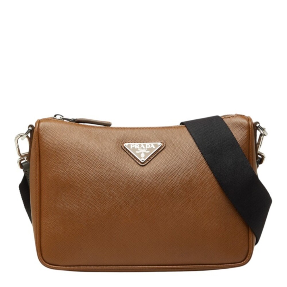 Prada Triangle Logo Plate Saffiano Crossbody Shoulder Bag Brown Leather Women...